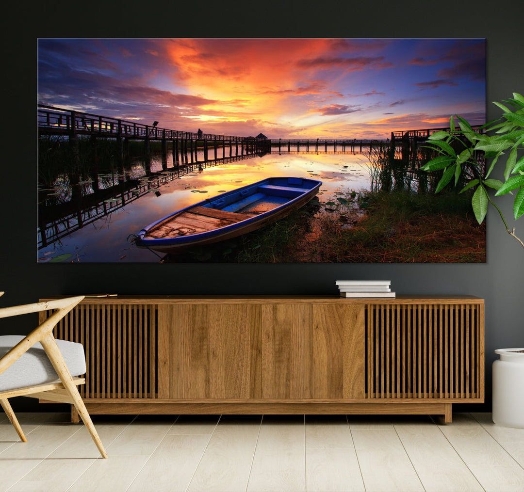 Boat and Sunset Lake Landscape Large Wall Art Canvas Giclee Print