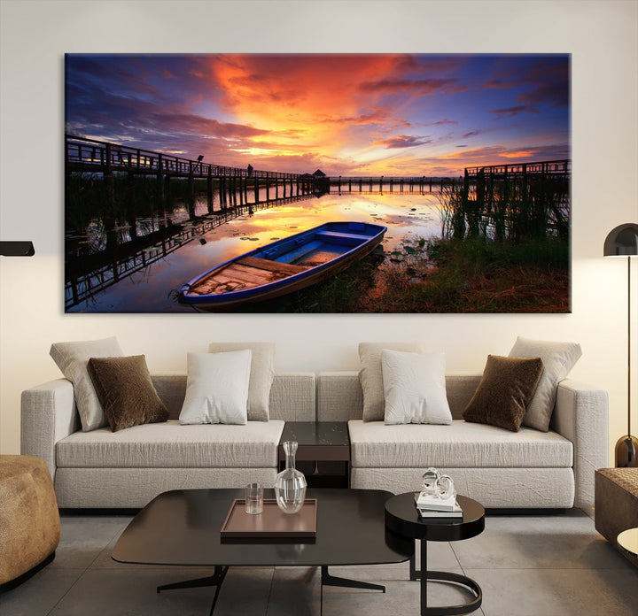 Boat and Sunset Lake Landscape Large Wall Art Canvas Giclee Print