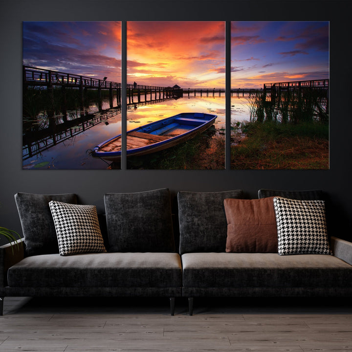 Boat and Sunset Lake Landscape Large Wall Art Canvas Giclee Print