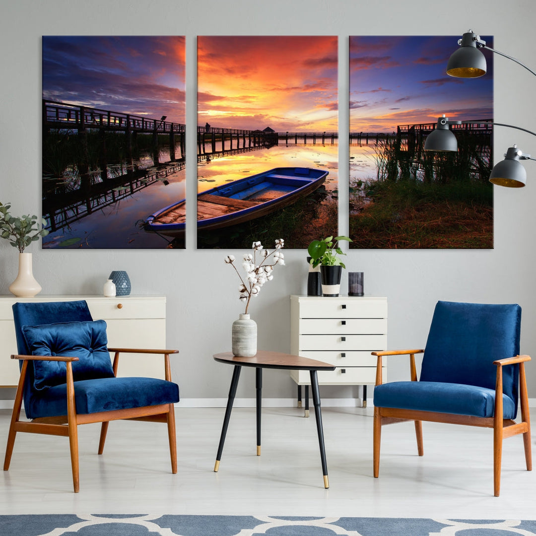 Boat and Sunset Lake Landscape Large Wall Art Canvas Giclee Print