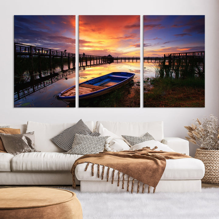 Boat and Sunset Lake Landscape Large Wall Art Canvas Giclee Print