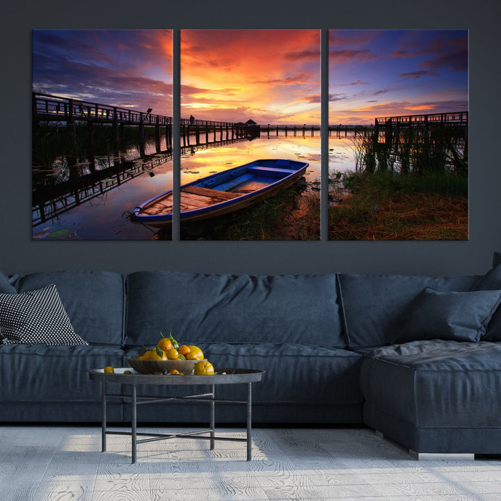 Boat and Sunset Lake Landscape Large Wall Art Canvas Giclee Print