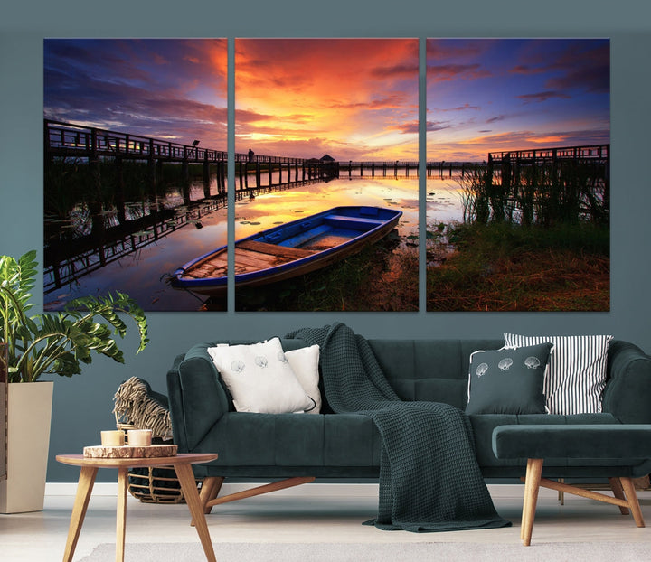 Boat and Sunset Lake Landscape Large Wall Art Canvas Giclee Print