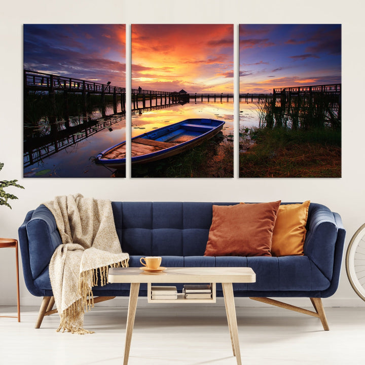 Boat and Sunset Lake Landscape Large Wall Art Canvas Giclee Print