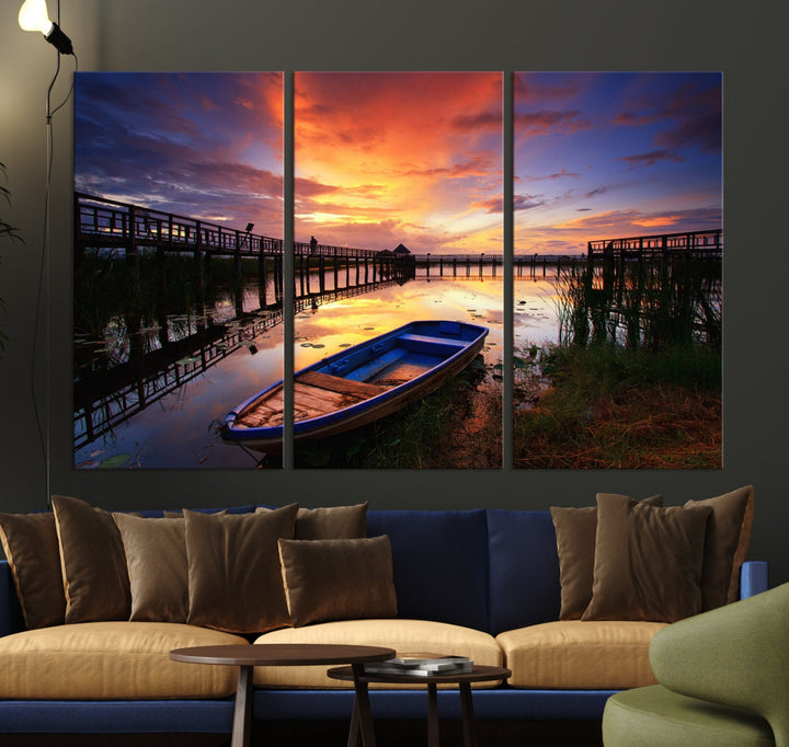 Boat and Sunset Lake Landscape Large Wall Art Canvas Giclee Print