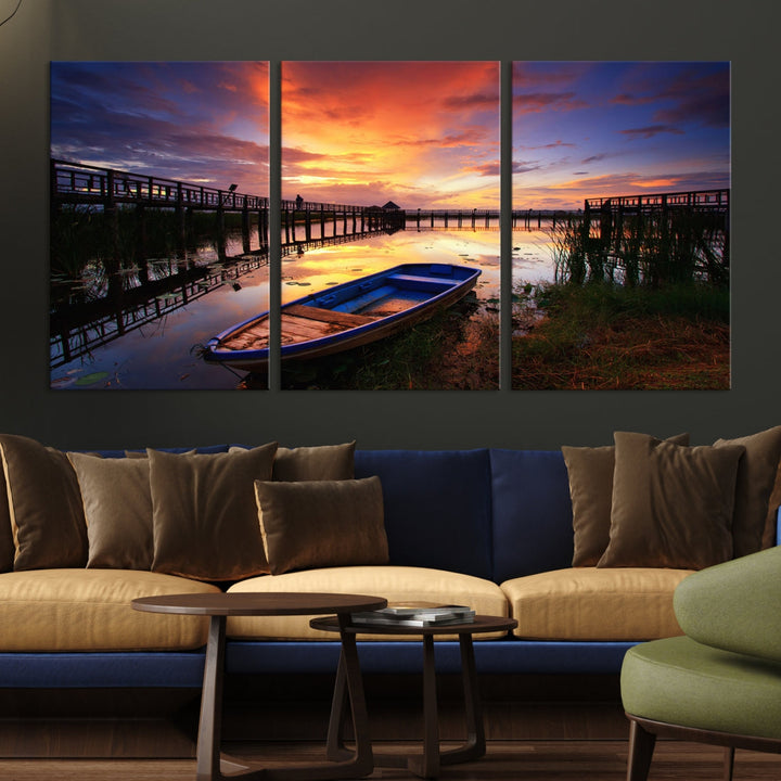 Boat and Sunset Lake Landscape Large Wall Art Canvas Giclee Print