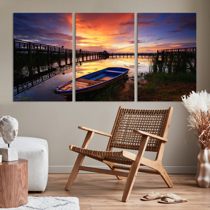 Boat and Sunset Lake Landscape Large Wall Art Canvas Giclee Print