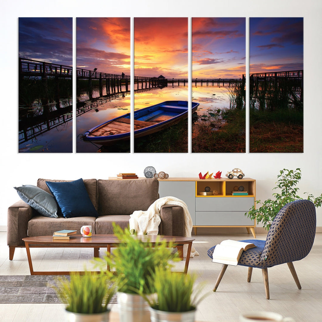 Boat and Sunset Lake Landscape Large Wall Art Canvas Giclee Print