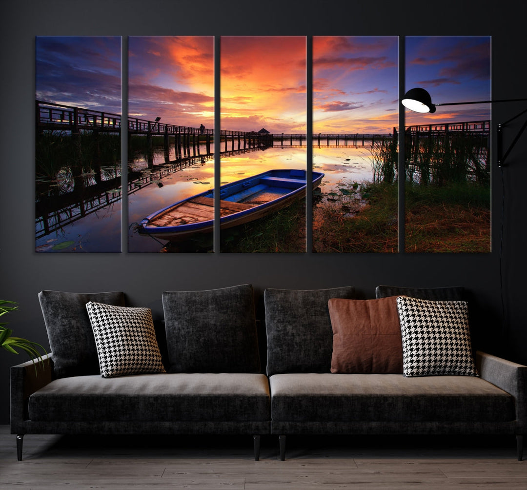 Boat and Sunset Lake Landscape Large Wall Art Canvas Giclee Print