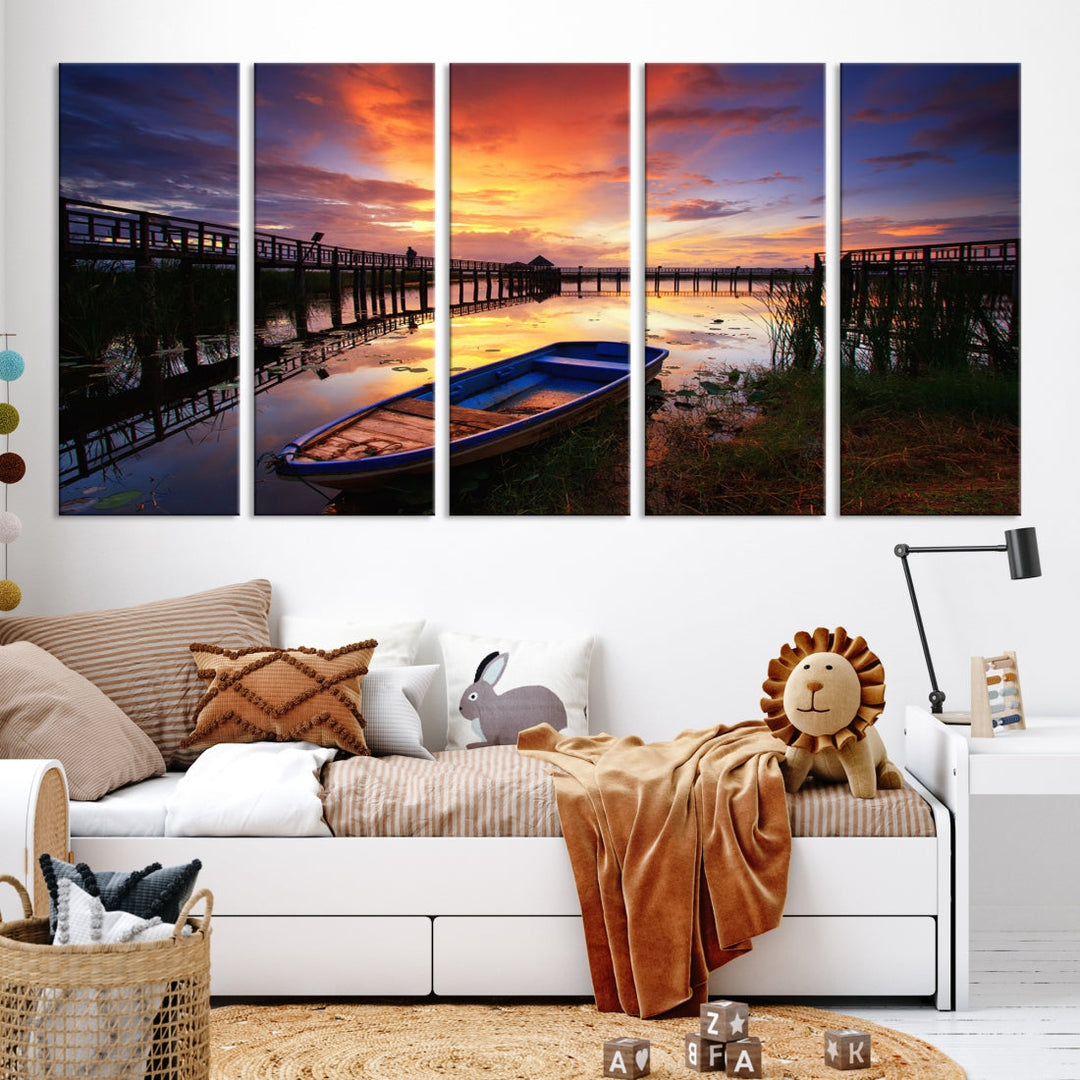 Boat and Sunset Lake Landscape Large Wall Art Canvas Giclee Print