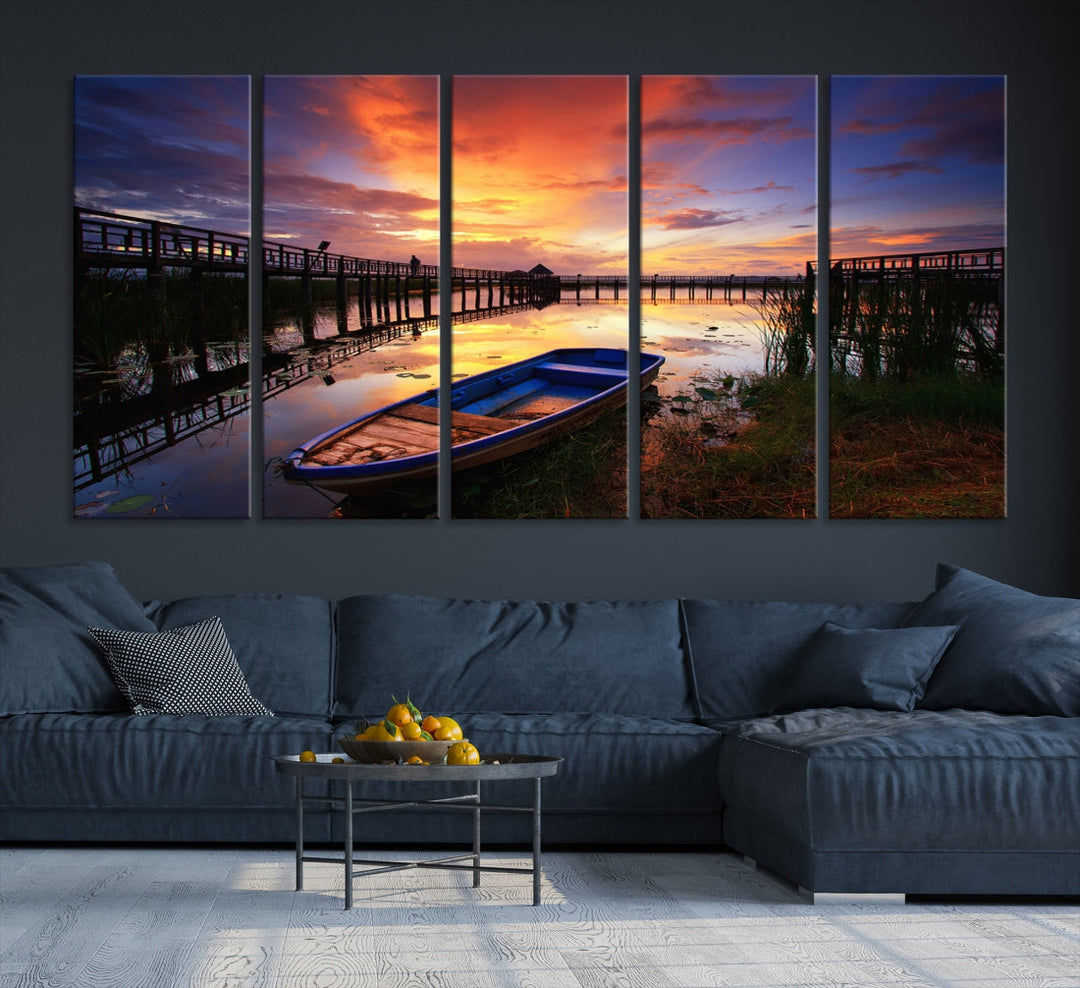 Boat and Sunset Lake Landscape Large Wall Art Canvas Giclee Print