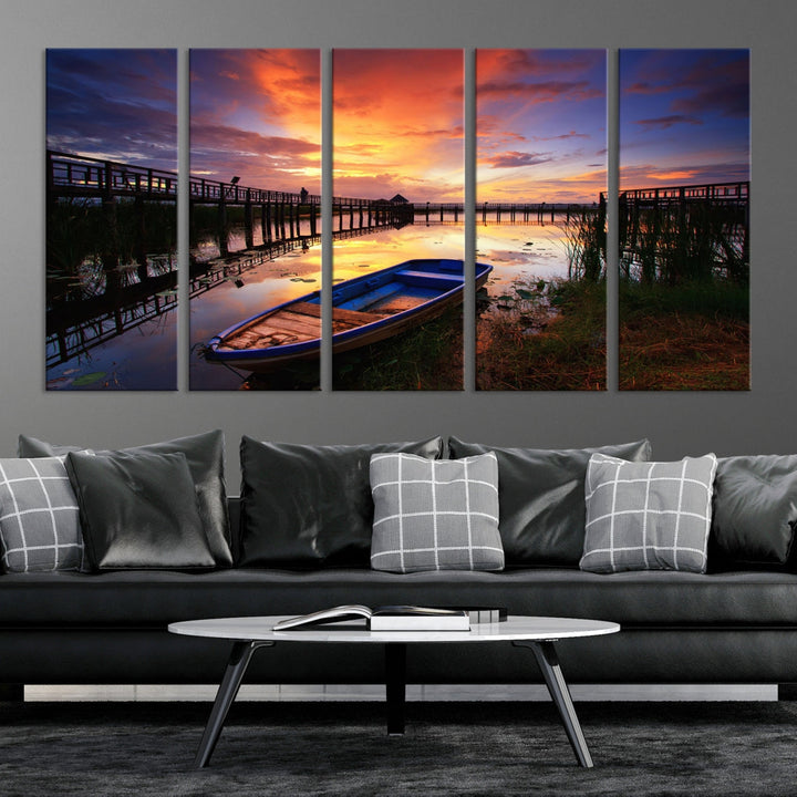 Boat and Sunset Lake Landscape Large Wall Art Canvas Giclee Print