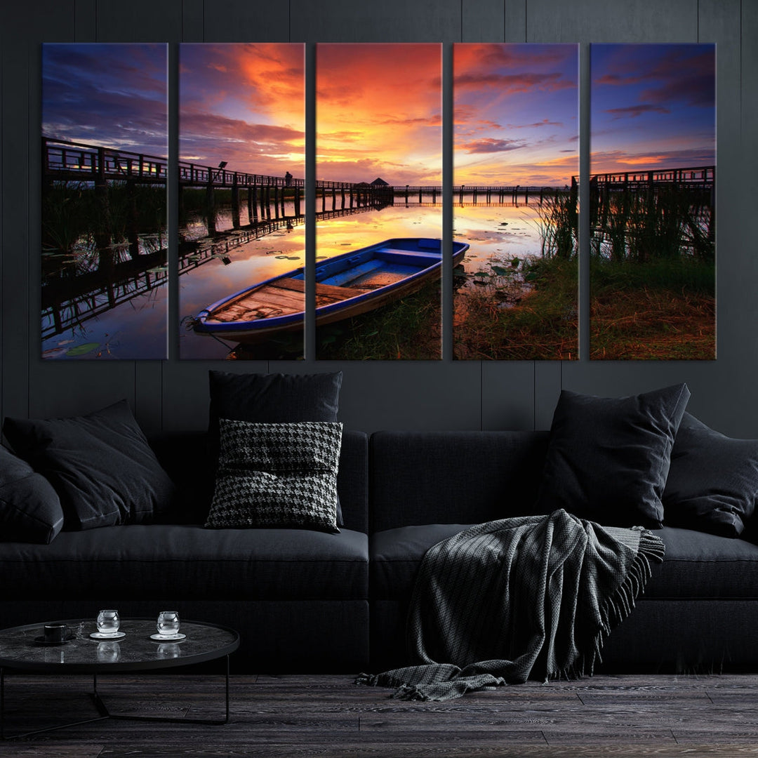 Boat and Sunset Lake Landscape Large Wall Art Canvas Giclee Print