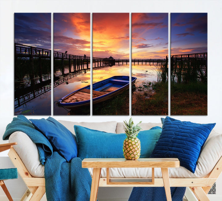 Boat and Sunset Lake Landscape Large Wall Art Canvas Giclee Print