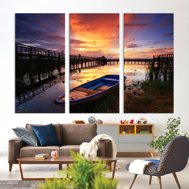 Boat and Sunset Lake Landscape Large Wall Art Canvas Giclee Print