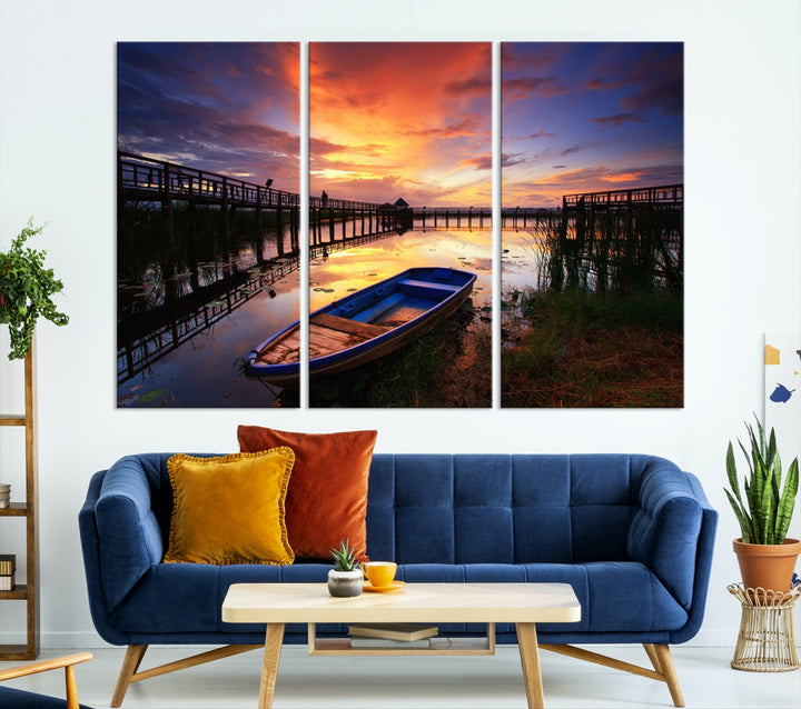 Boat and Sunset Lake Landscape Large Wall Art Canvas Giclee Print