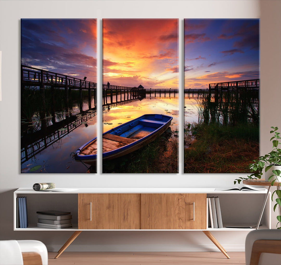 Boat and Sunset Lake Landscape Large Wall Art Canvas Giclee Print