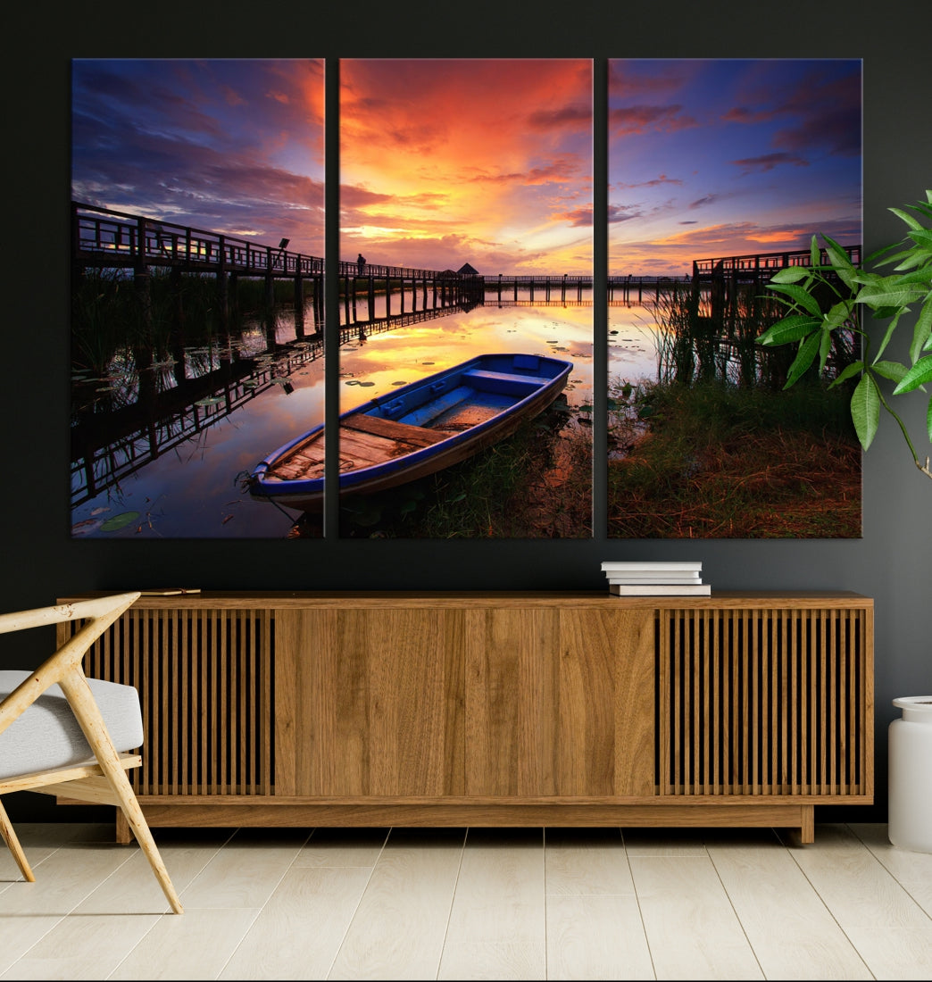 Boat and Sunset Lake Landscape Large Wall Art Canvas Giclee Print