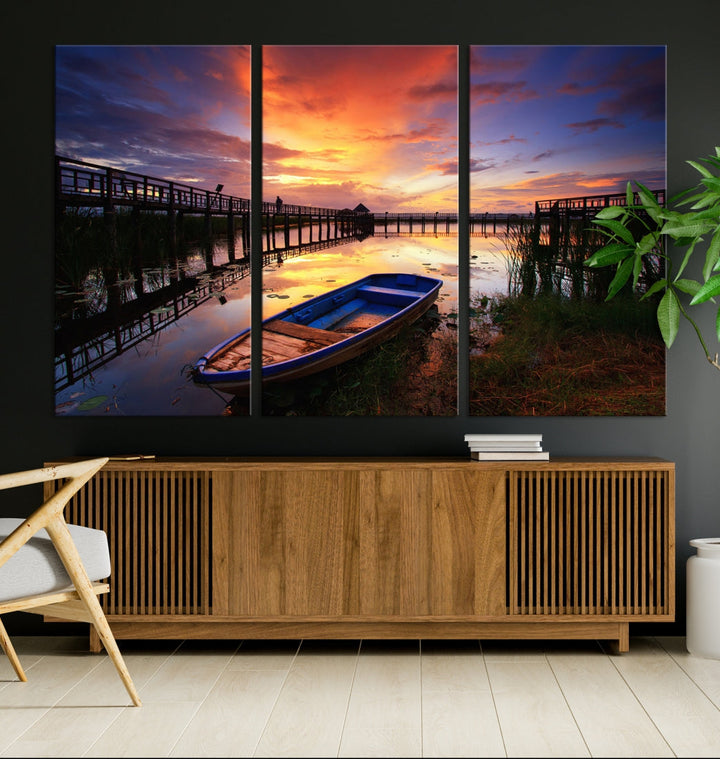 Boat and Sunset Lake Landscape Large Wall Art Canvas Giclee Print