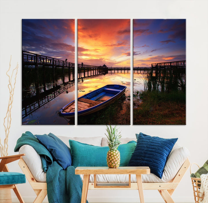 Boat and Sunset Lake Landscape Large Wall Art Canvas Giclee Print