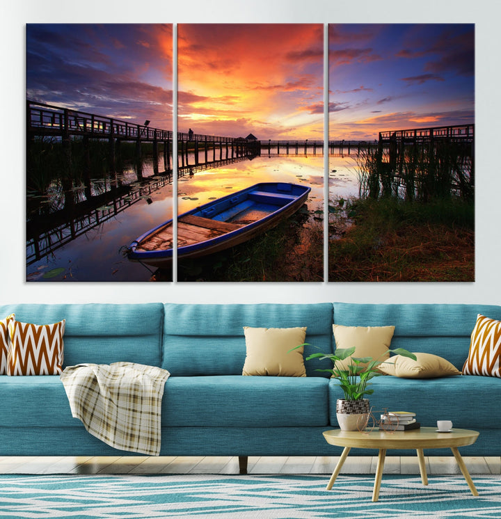 Boat and Sunset Lake Landscape Large Wall Art Canvas Giclee Print