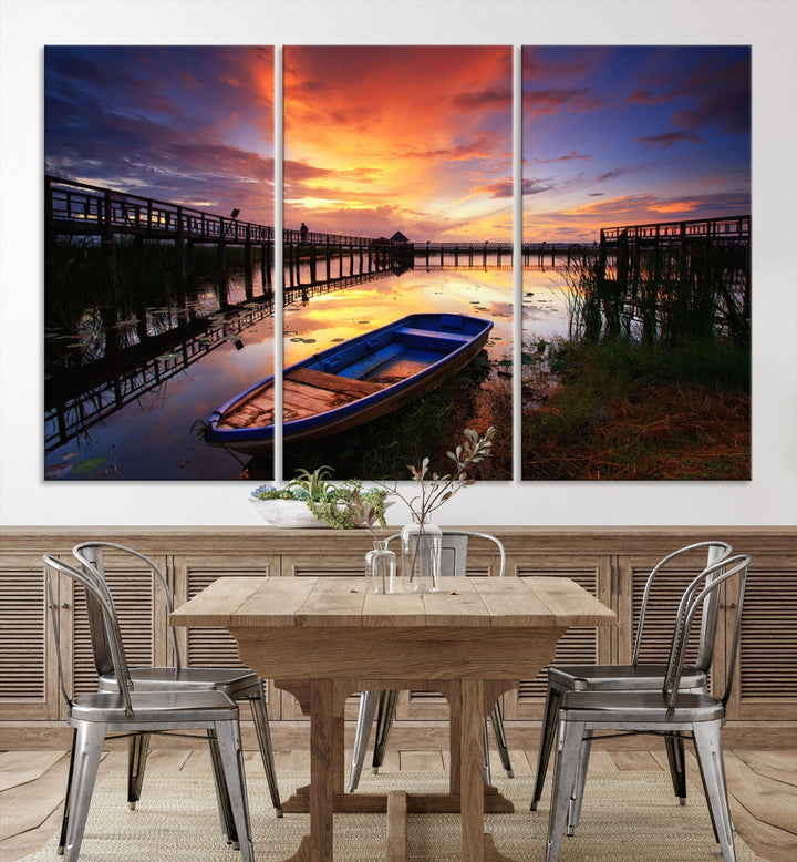 Boat and Sunset Lake Landscape Large Wall Art Canvas Giclee Print