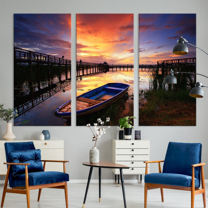 Boat and Sunset Lake Landscape Large Wall Art Canvas Giclee Print