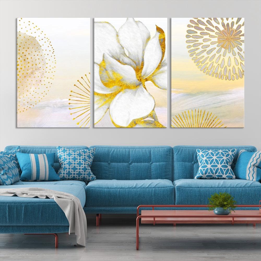 Boho Floral Wall Art, Neutral Wall Decor, Large Abstract Canvas Print, Yellow Painting, Artwork for Living Room