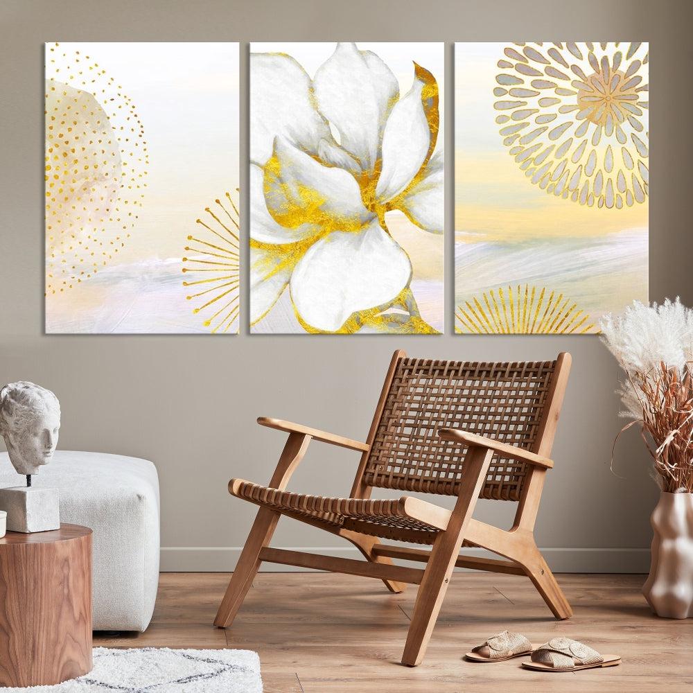 Boho Floral Wall Art, Neutral Wall Decor, Large Abstract Canvas Print, Yellow Painting, Artwork for Living Room