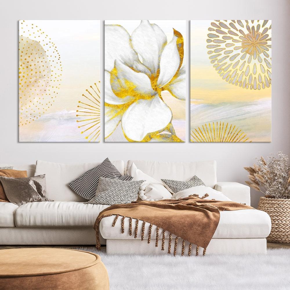 Boho Floral Wall Art, Neutral Wall Decor, Large Abstract Canvas Print, Yellow Painting, Artwork for Living Room