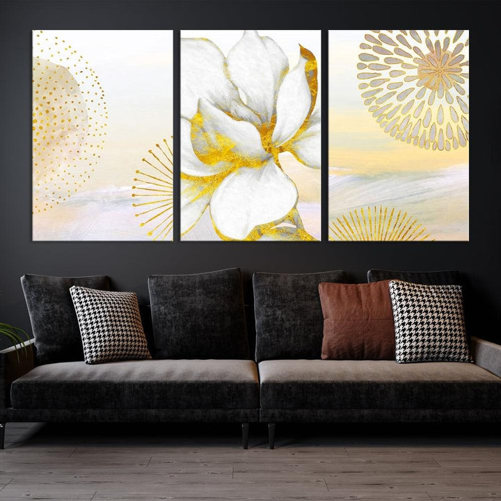 Boho Floral Wall Art, Neutral Wall Decor, Large Abstract Canvas Print, Yellow Painting, Artwork for Living Room