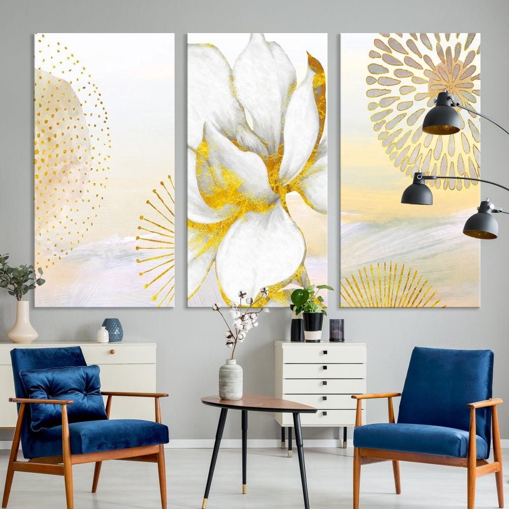 Boho Floral Wall Art, Neutral Wall Decor, Large Abstract Canvas Print, Yellow Painting, Artwork for Living Room