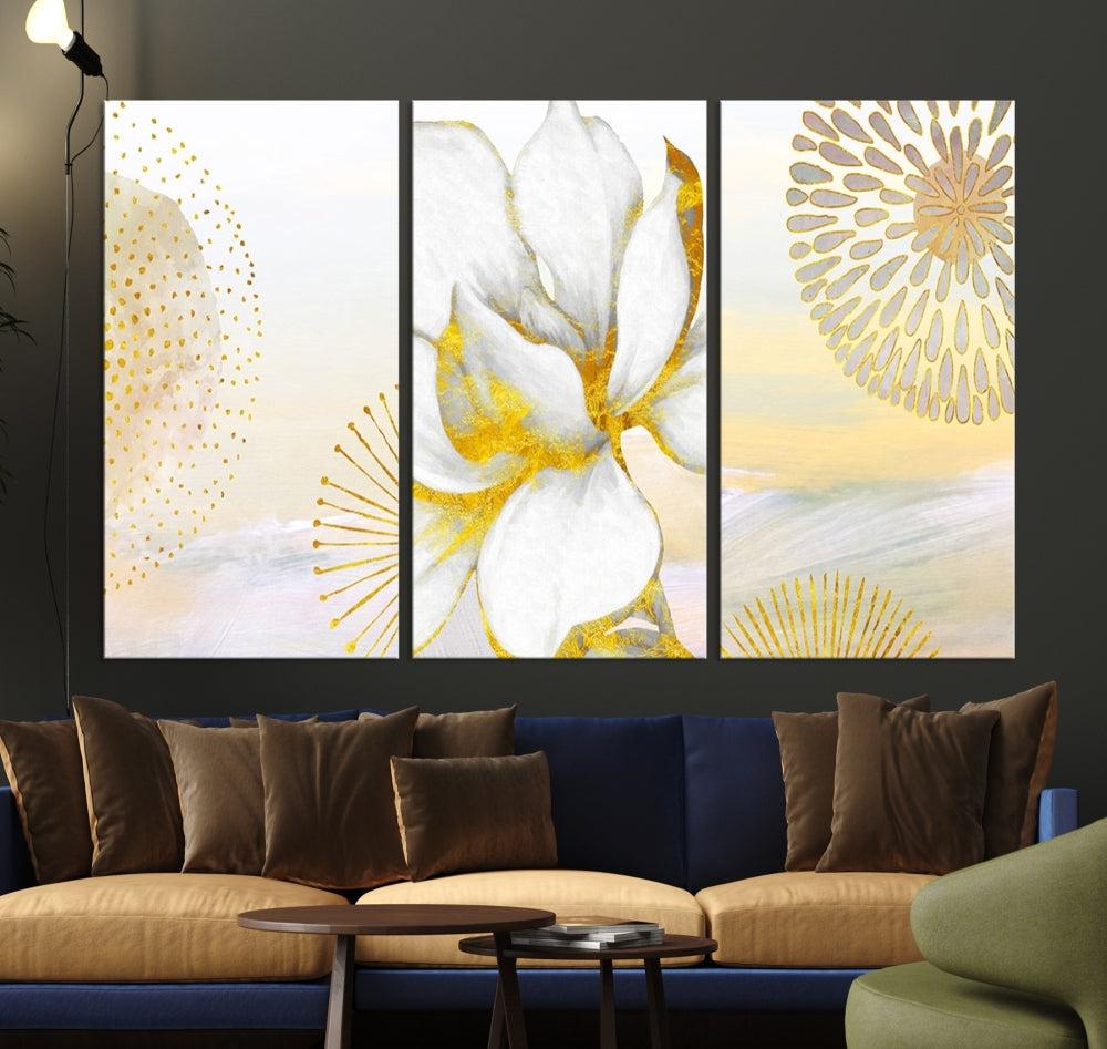 Boho Floral Wall Art, Neutral Wall Decor, Large Abstract Canvas Print, Yellow Painting, Artwork for Living Room