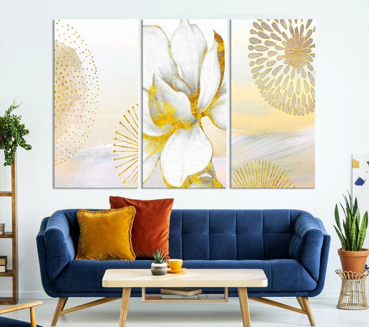 Boho Floral Wall Art, Neutral Wall Decor, Large Abstract Canvas Print, Yellow Painting, Artwork for Living Room