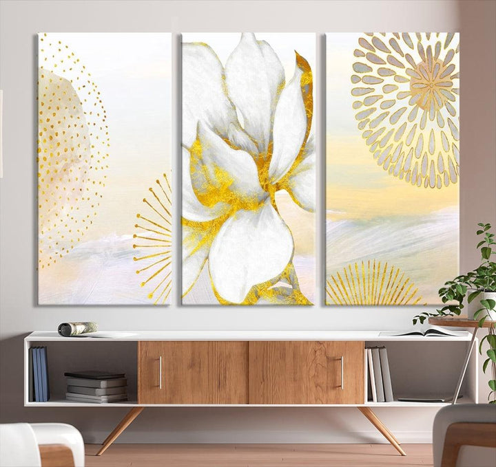 Boho Floral Wall Art, Neutral Wall Decor, Large Abstract Canvas Print, Yellow Painting, Artwork for Living Room