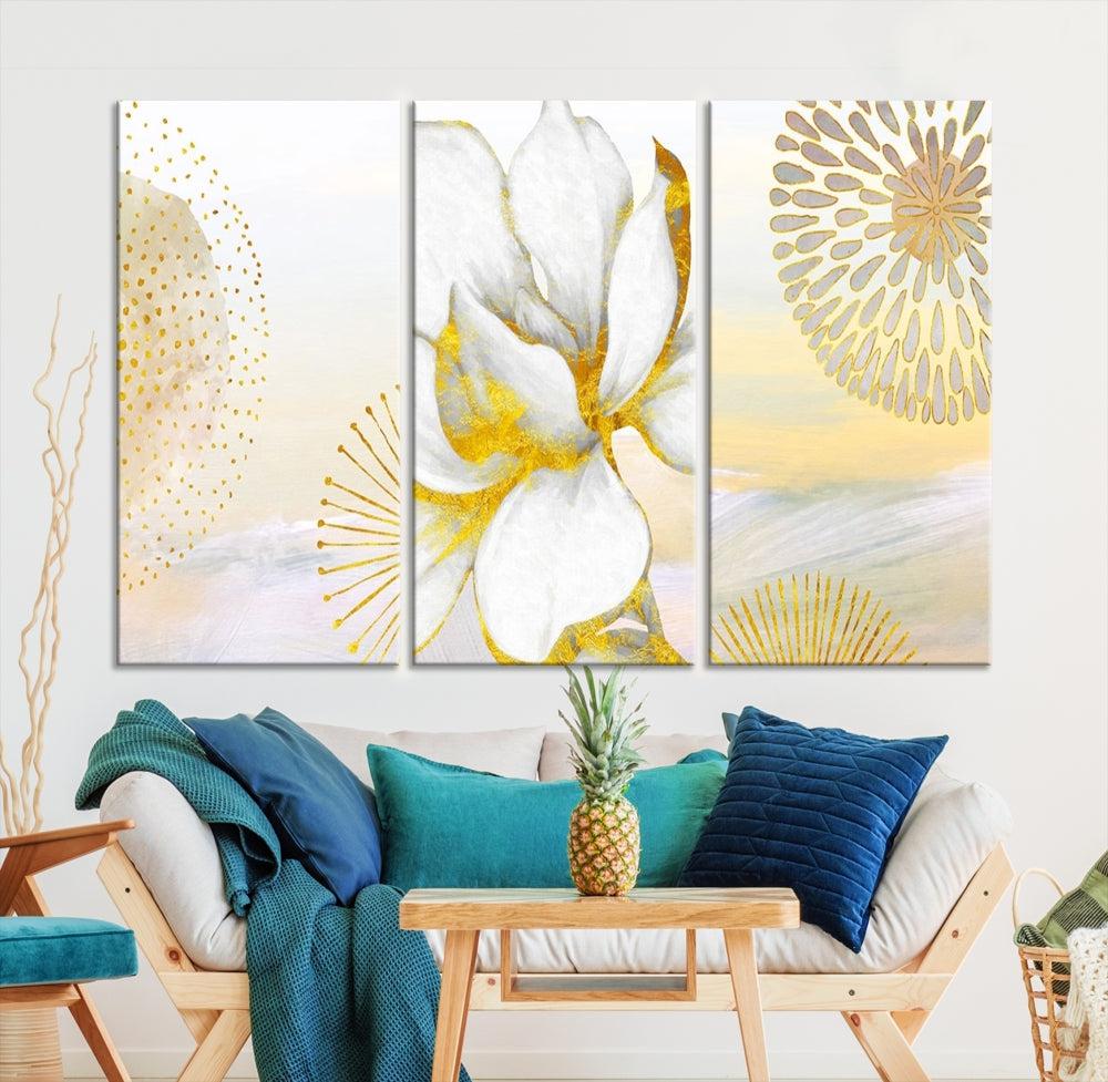 Boho Floral Wall Art, Neutral Wall Decor, Large Abstract Canvas Print, Yellow Painting, Artwork for Living Room