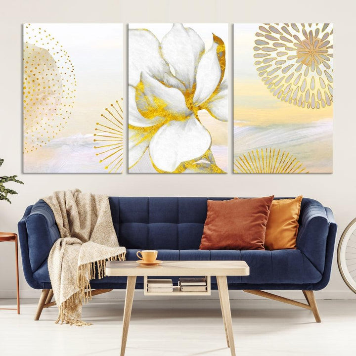 Boho Floral Wall Art, Neutral Wall Decor, Large Abstract Canvas Print, Yellow Painting, Artwork for Living Room