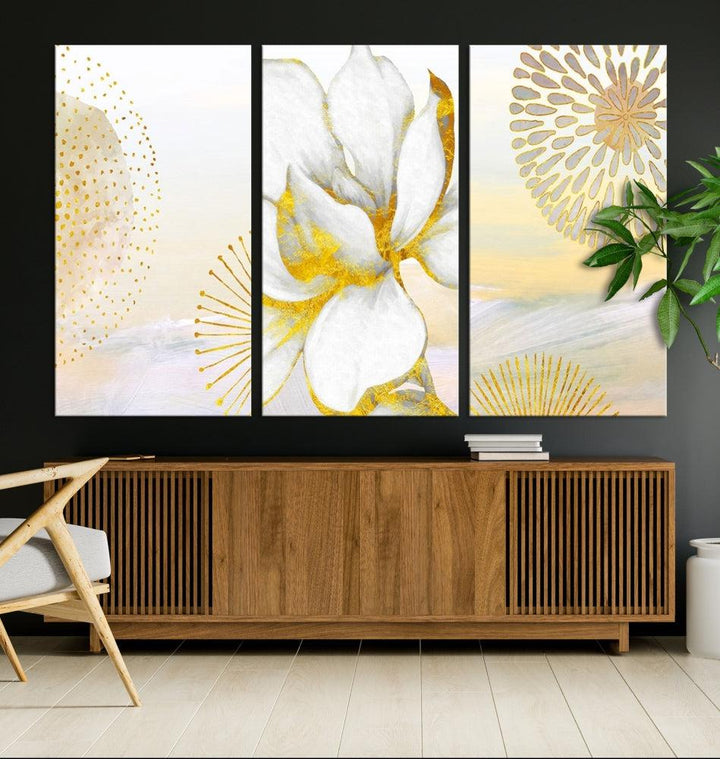 Boho Floral Wall Art, Neutral Wall Decor, Large Abstract Canvas Print, Yellow Painting, Artwork for Living Room