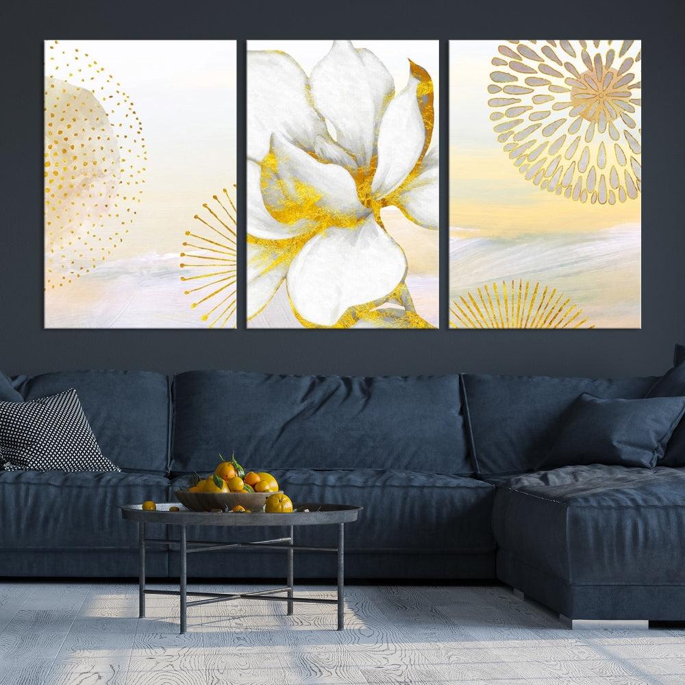 Boho Floral Wall Art, Neutral Wall Decor, Large Abstract Canvas Print, Yellow Painting, Artwork for Living Room