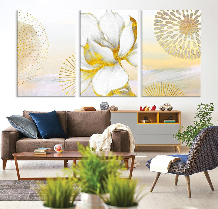 Boho Floral Wall Art, Neutral Wall Decor, Large Abstract Canvas Print, Yellow Painting, Artwork for Living Room