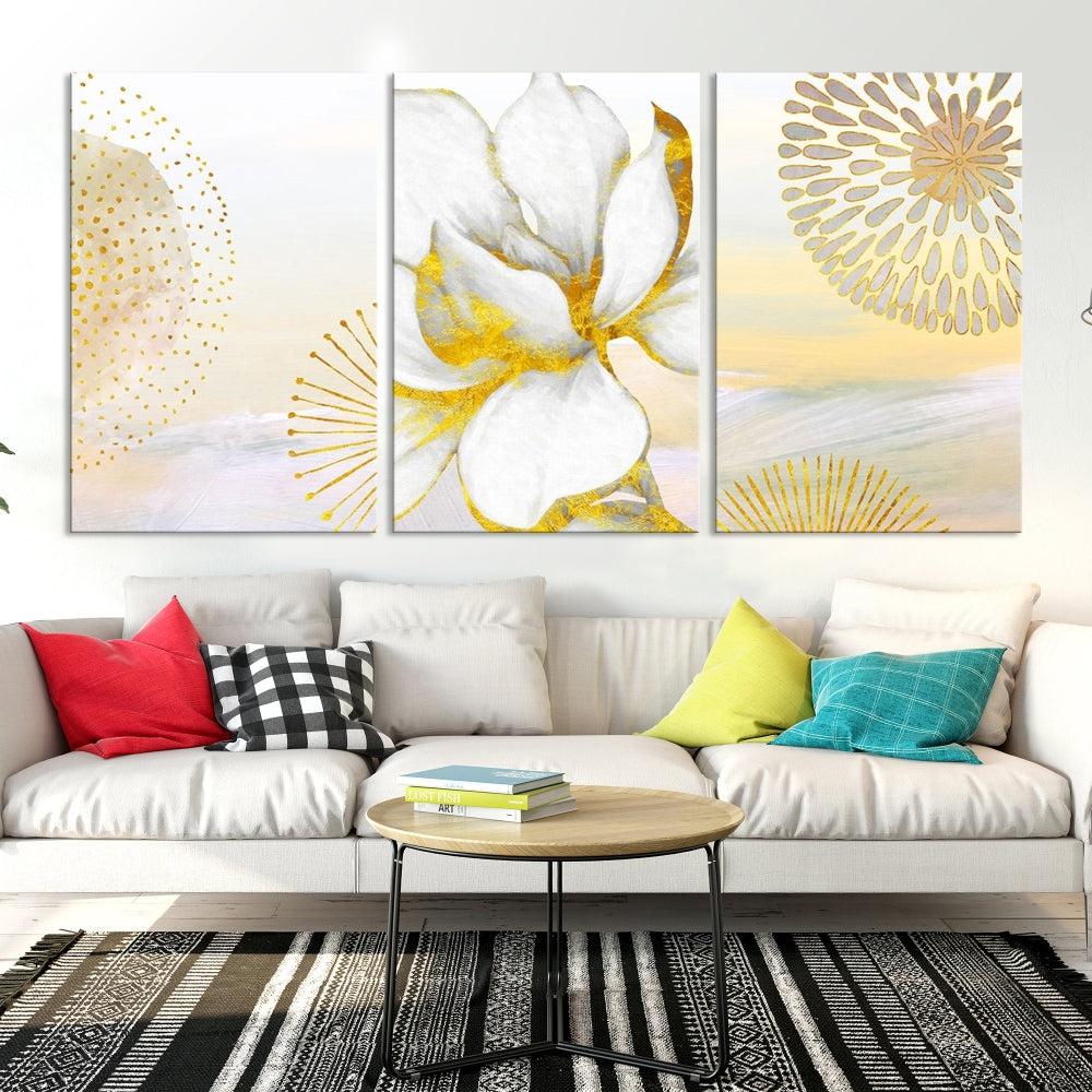 Boho Floral Wall Art, Neutral Wall Decor, Large Abstract Canvas Print, Yellow Painting, Artwork for Living Room