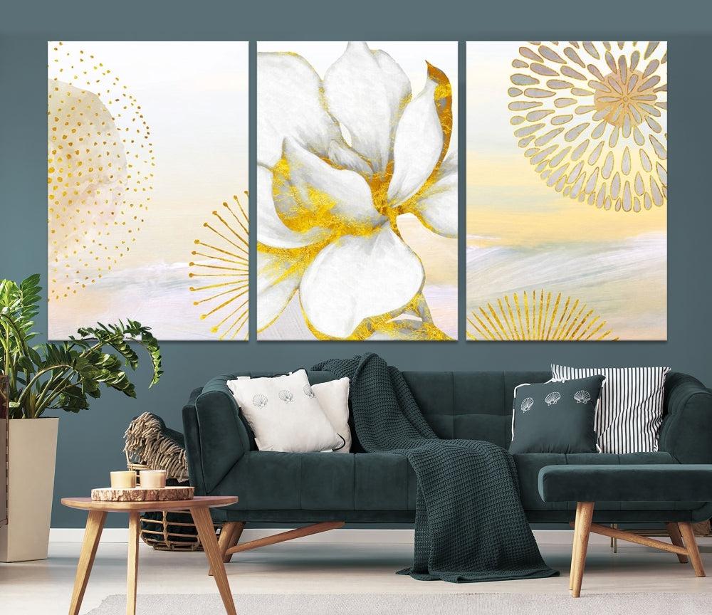 Boho Floral Wall Art, Neutral Wall Decor, Large Abstract Canvas Print, Yellow Painting, Artwork for Living Room