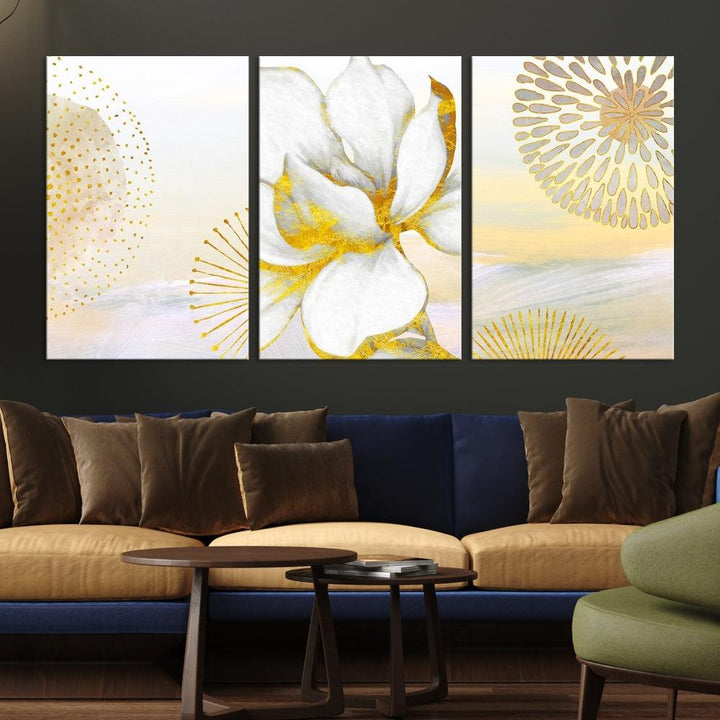 Boho Floral Wall Art, Neutral Wall Decor, Large Abstract Canvas Print, Yellow Painting, Artwork for Living Room