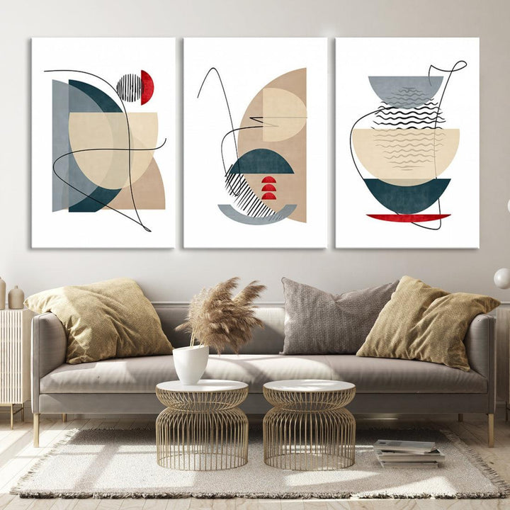 Boho Neutral Blue and Red Shapes Mid Century Wall Art Canvas Print