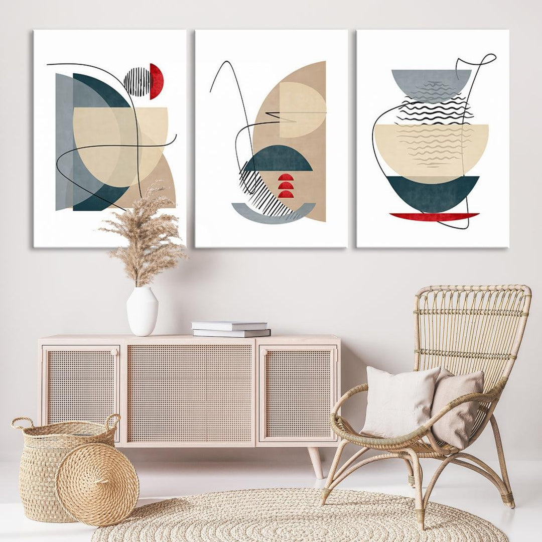 Boho Neutral Blue and Red Shapes Mid Century Wall Art Canvas Print