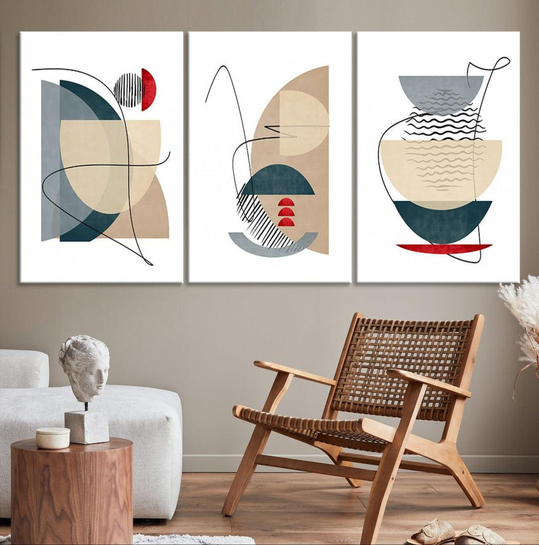 Boho Neutral Blue and Red Shapes Mid Century Wall Art Canvas Print