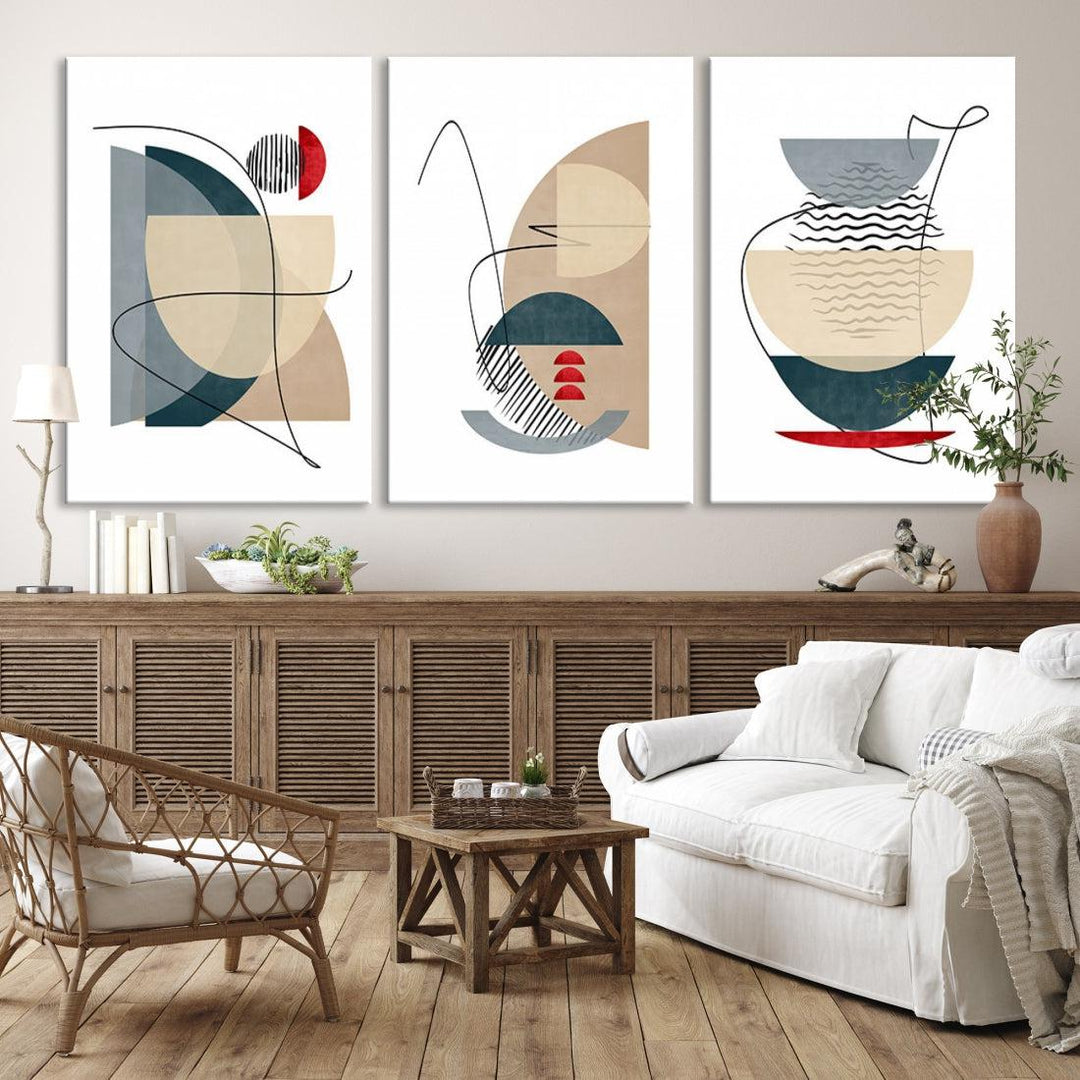 Boho Neutral Blue and Red Shapes Mid Century Wall Art Canvas Print