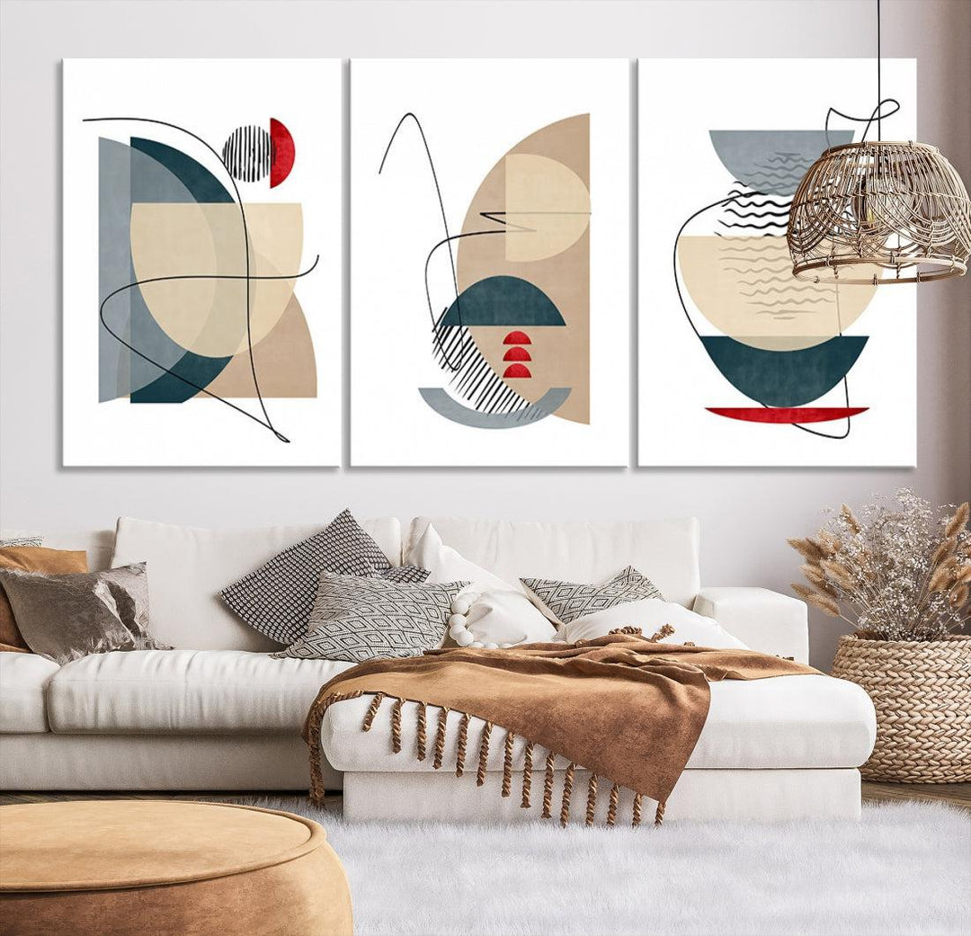 Boho Neutral Blue and Red Shapes Mid Century Wall Art Canvas Print