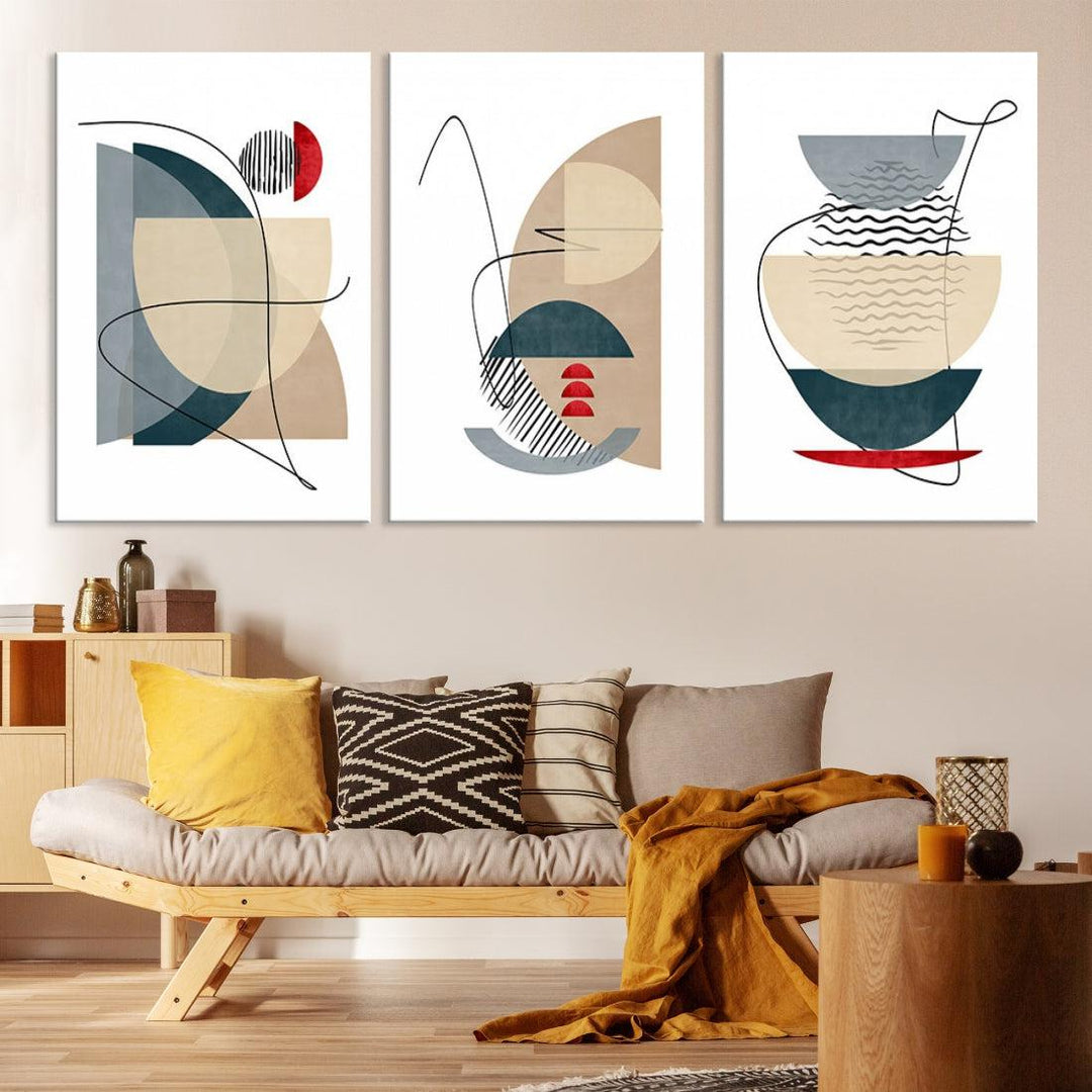 Boho Neutral Blue and Red Shapes Mid Century Wall Art Canvas Print