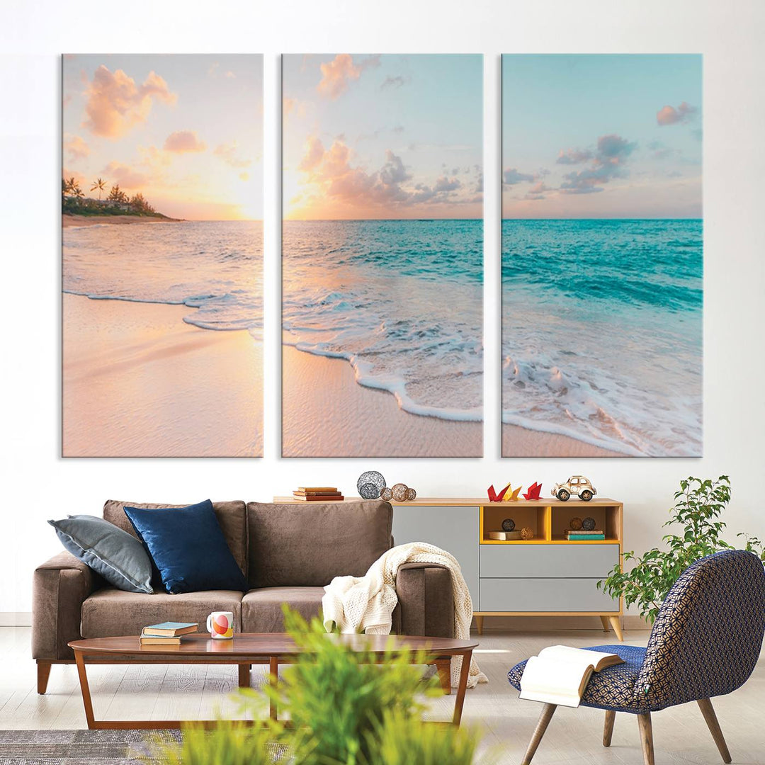 Boho Style Ocean Wall Art Print, Beach Wall Art Canvas Print, Framed Canvas, Modern Wall Decor, Large Wall Art for Living Room